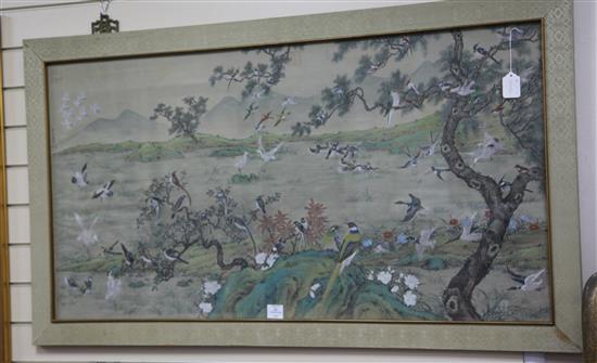 A large Chinese painting on silk in the hundred bird design, 20th century, 54 x 124cm excl. brocade covered frame